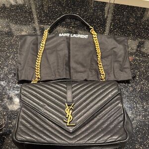 Saint Laurent Black Chevron Shoulder Bag with Gold Chain